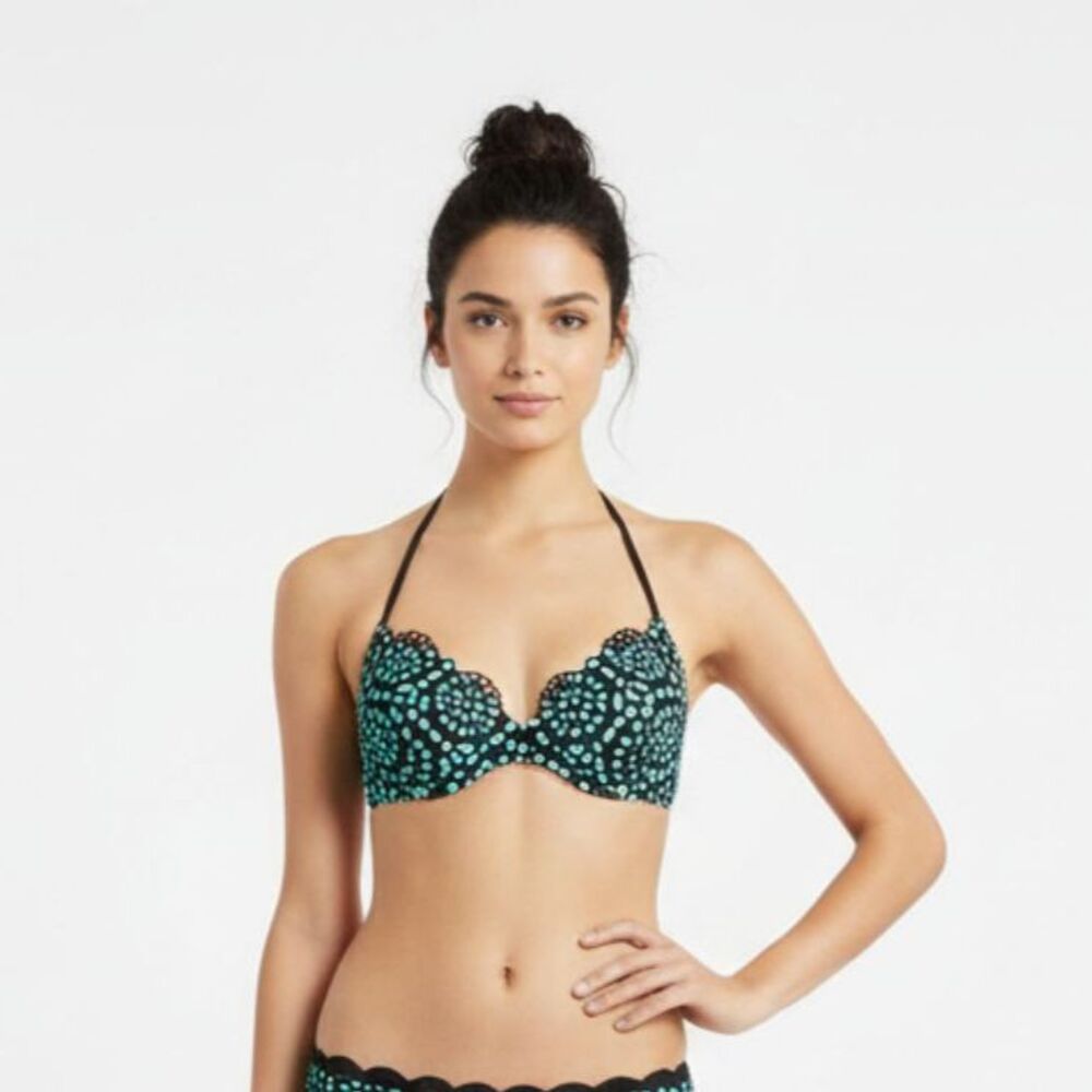 Shade & Shore Black & Blue Laser Cut Padded Underwire Bikini Swim‎ Suit Top 34B